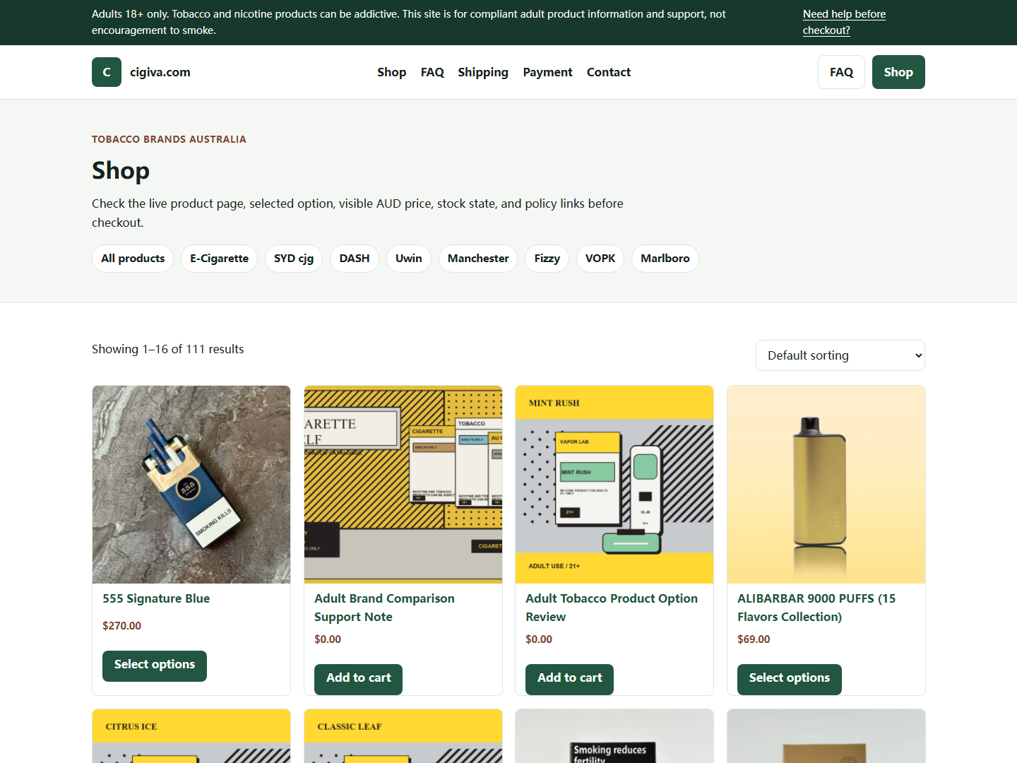 Cigiva shop or product list used for live page verification