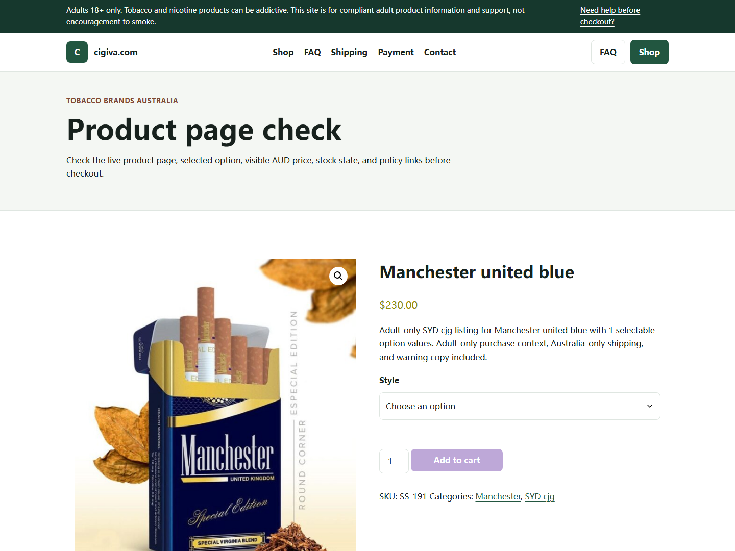 Cigiva live product page screenshot for adult verification