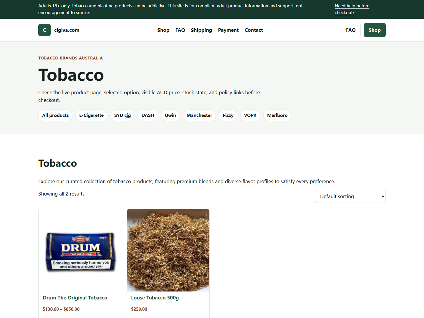 Cigiva policy or FAQ page used before adult checkout